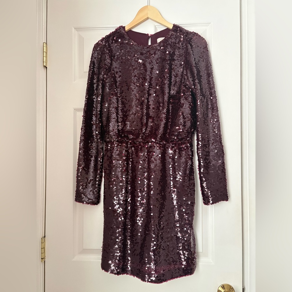 LOFT Burgundy Sequin Long Sleeve Mini Dress